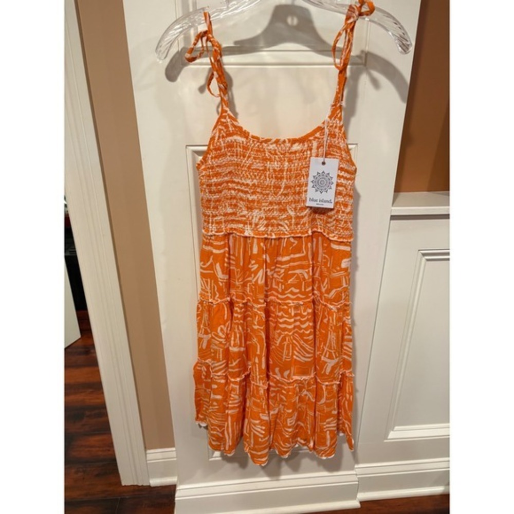 New Blue Island Beach Orange White Sleeveless Tiered Mini Dress XS $125
